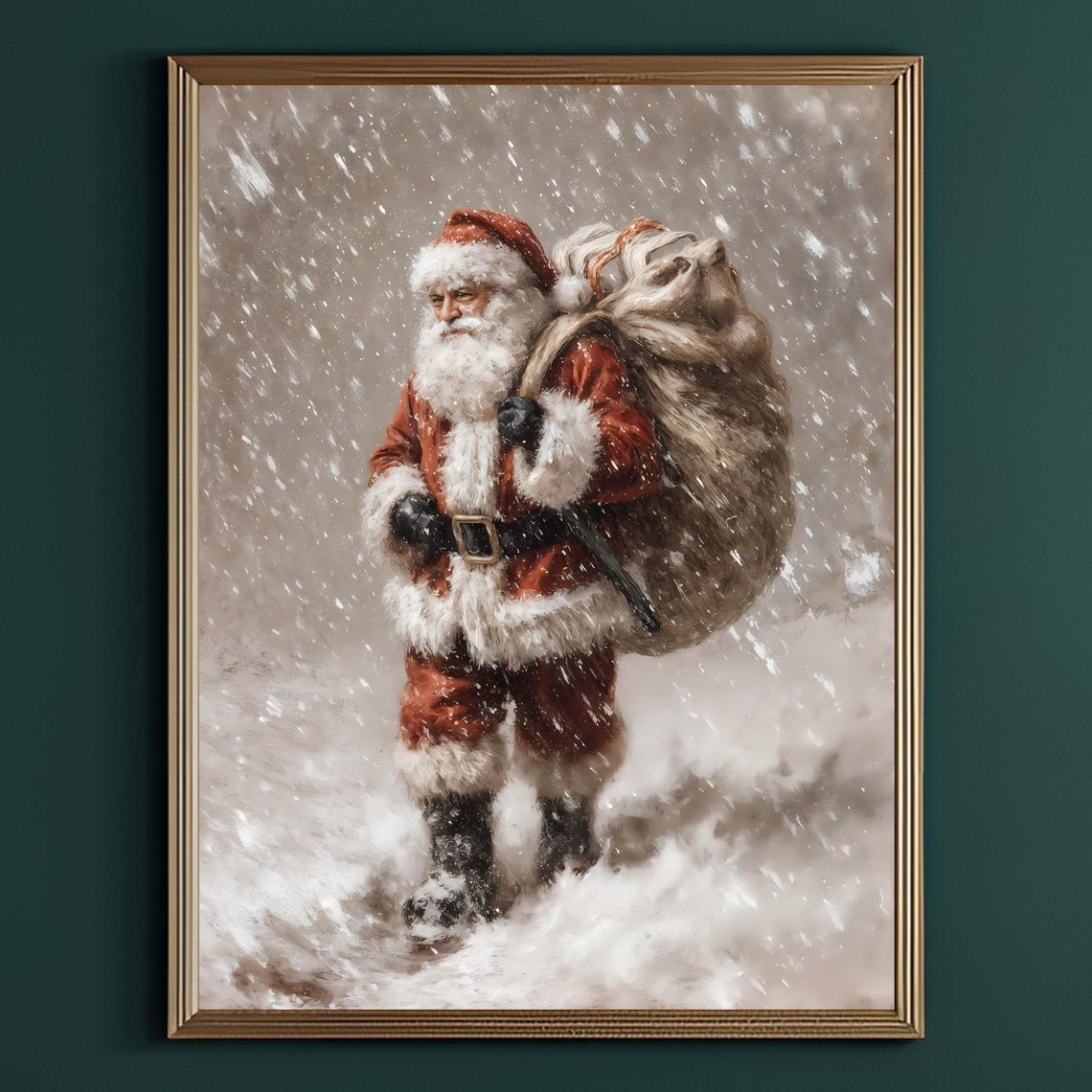 Vintage Santa Claus Walking Snowstorm Toy Sack Christmas Poster