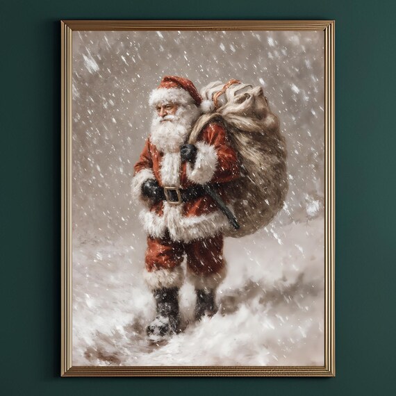Vintage Santa Claus Walking Snowstorm Toy Sack Christmas Poster