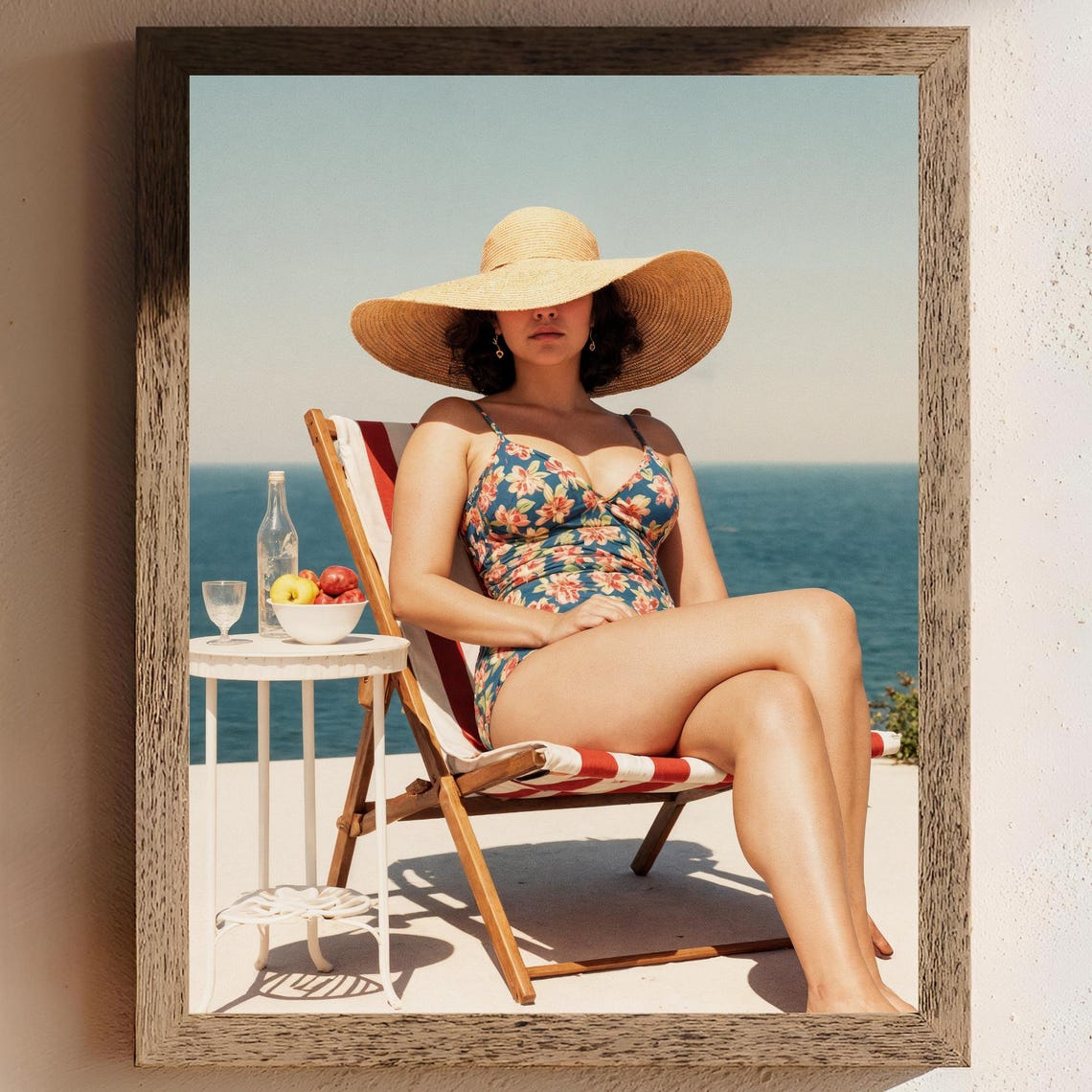 Retro Beach Woman Sunhat Ocean Summer Scene Poster Art Decor