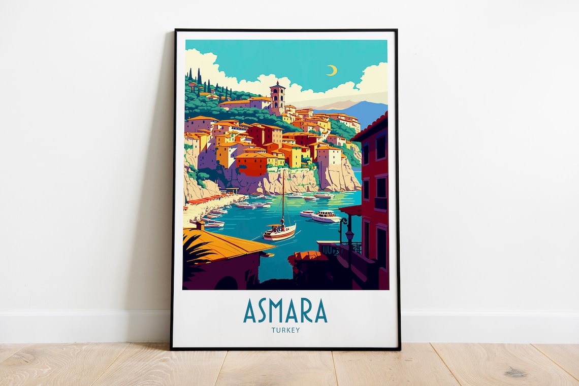 Asmara Turkey Coastal Hillside Town Boats View Vintage Travel Poster