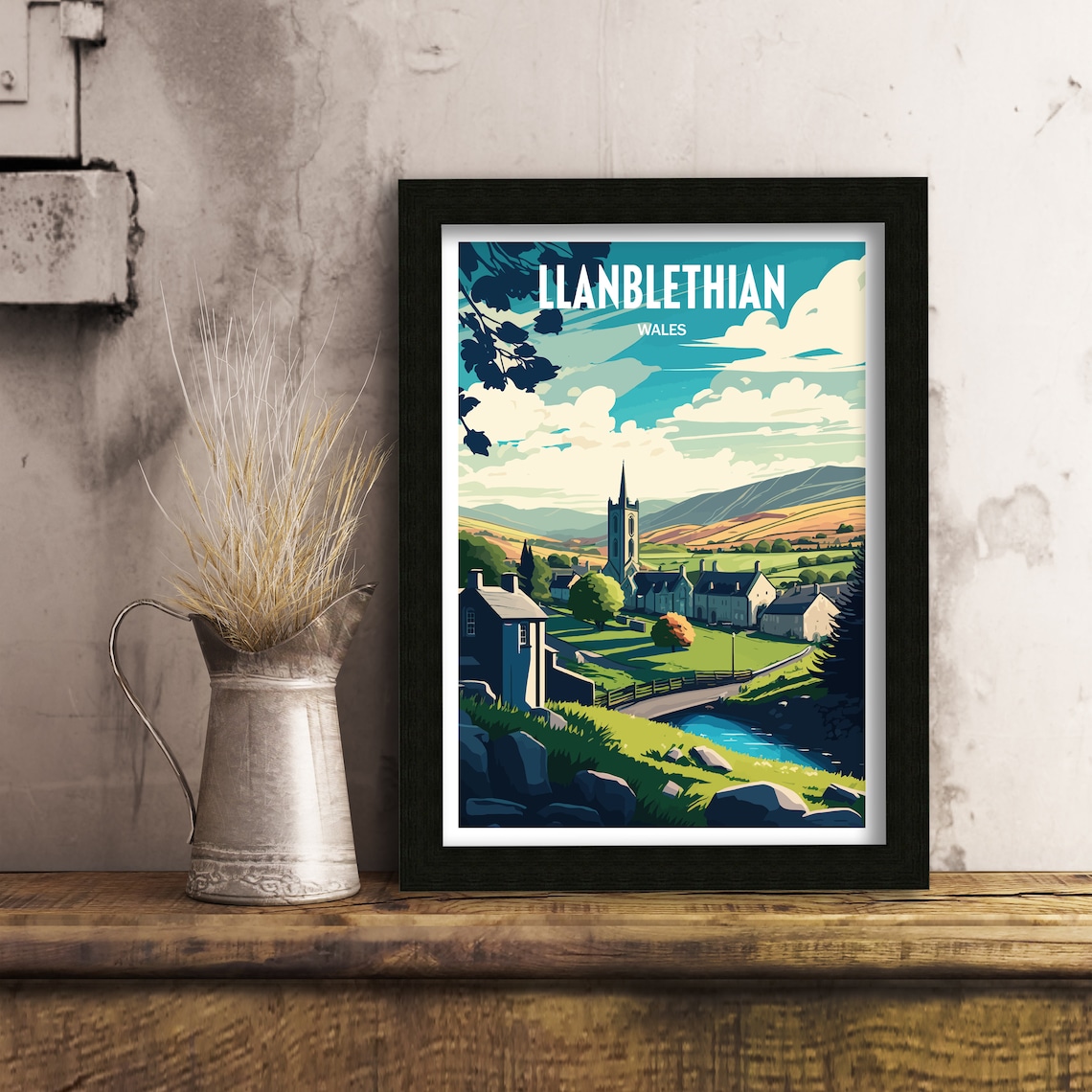 Llanblethian Wales Travel Poster with Village Church and Hills - Image 3