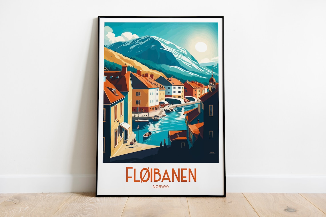 Floibanen Bergen Norway Canal Scene Retro Vintage Travel Poster