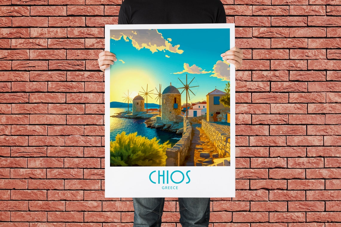 Chios Greece Stone Causeway Windmills Sunrise Vintage Travel Poster - Image 2