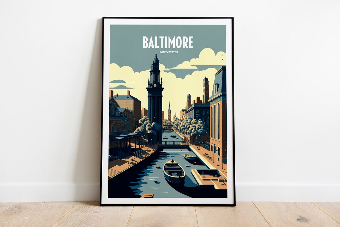 Baltimore United States Waterfront Skyline Travel Poster Art