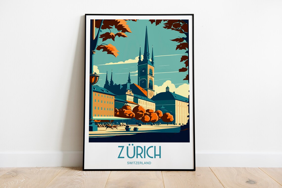 Zurich Switzerland Cathedral Spire Vintage City Travel Poster