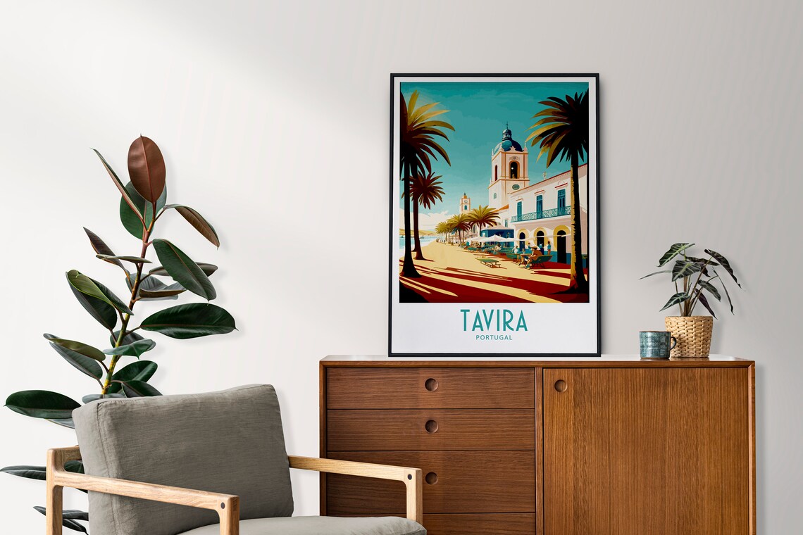 Tavira Portugal Waterfront Promenade Retro Travel Art Poster - Image 3