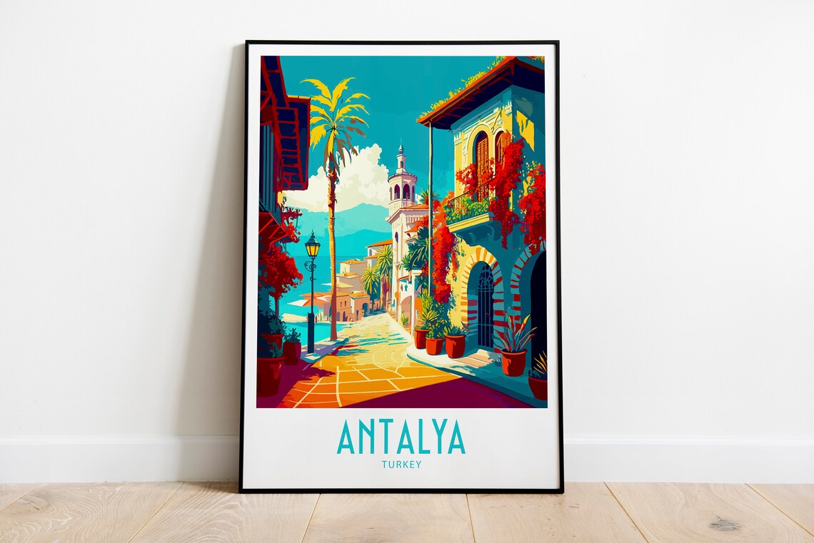 Antalya Turkey Old Town Cobblestone Street Travel Art Poster