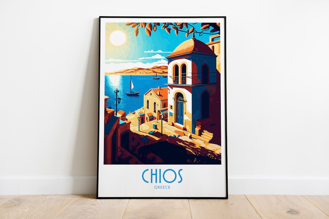 Chios Greece Harbor Church Tower Sailboat Vintage Travel Poster