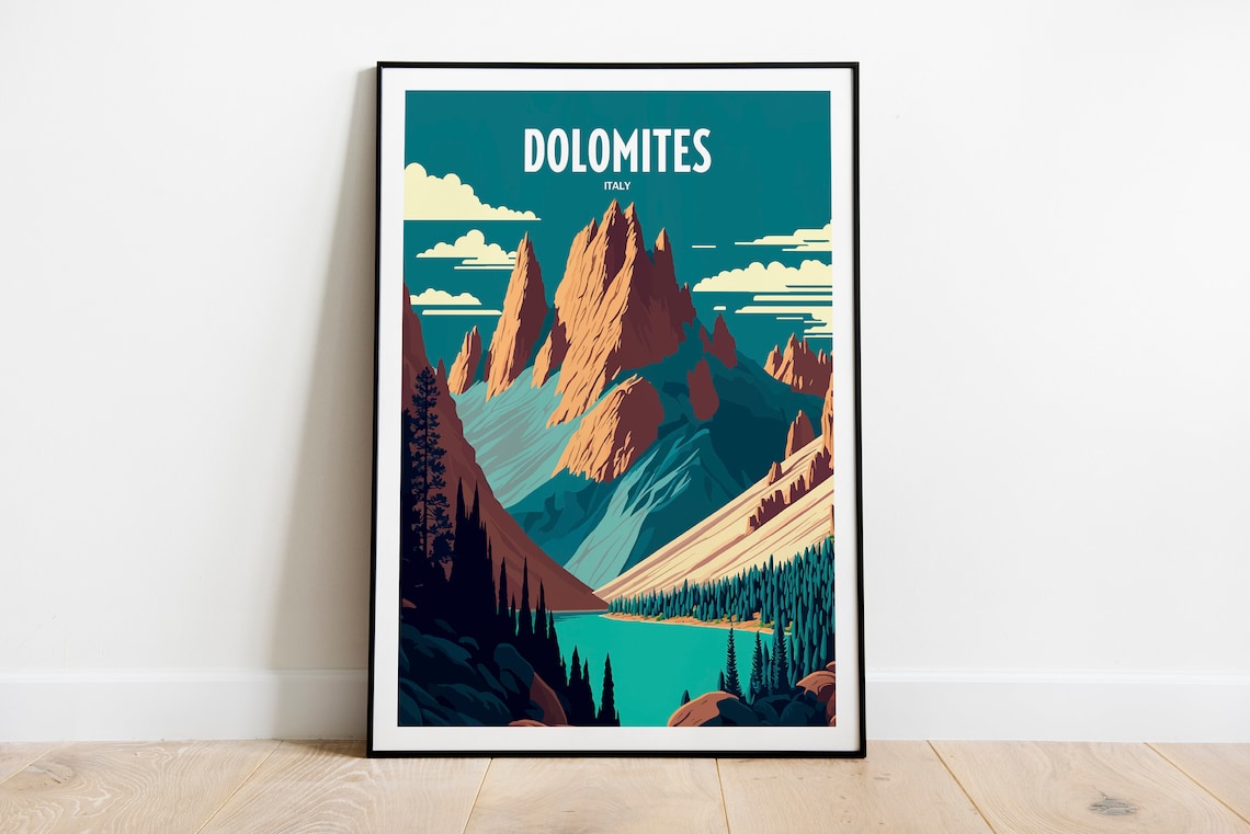 Dolomites Italy Retro Travel Poster with Alpine Lake and Peaks