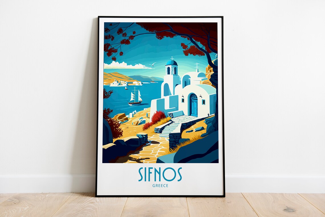 Vintage Sifnos Greece Travel Poster Whitewashed Chapel Coast Art
