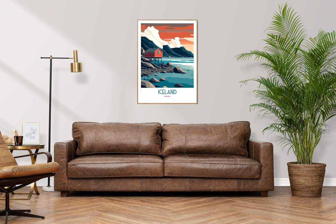 Iceland Reykjavik Red Coastal Cabin Sunset Vintage Travel Poster - Image 3