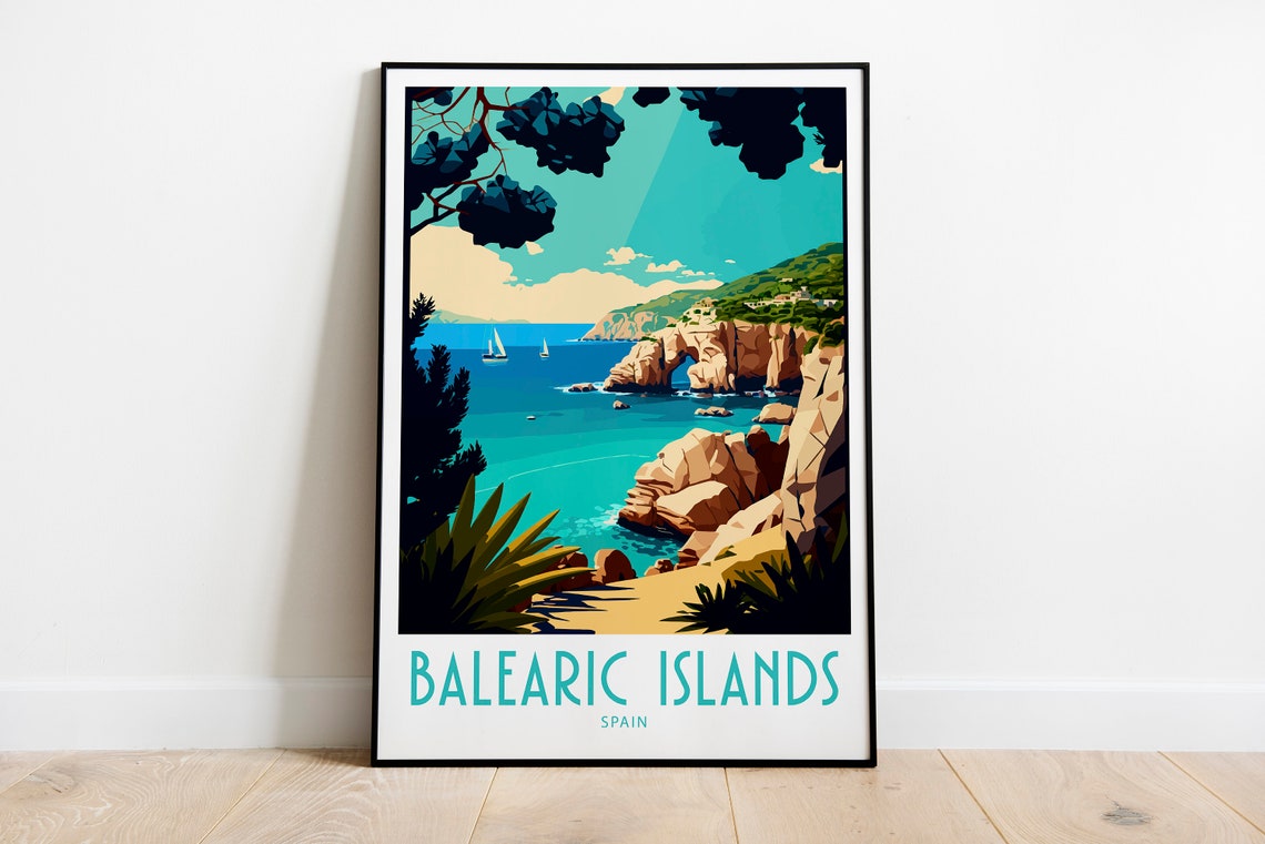 Balearic Islands Spain Rocky Coast Sailboats Travel Art Poster