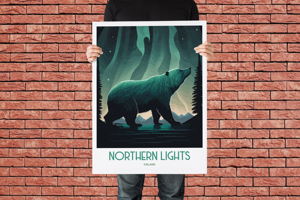 Northern Lights Iceland Bear Aurora Night Sky Vintage Travel Poster - Image 3