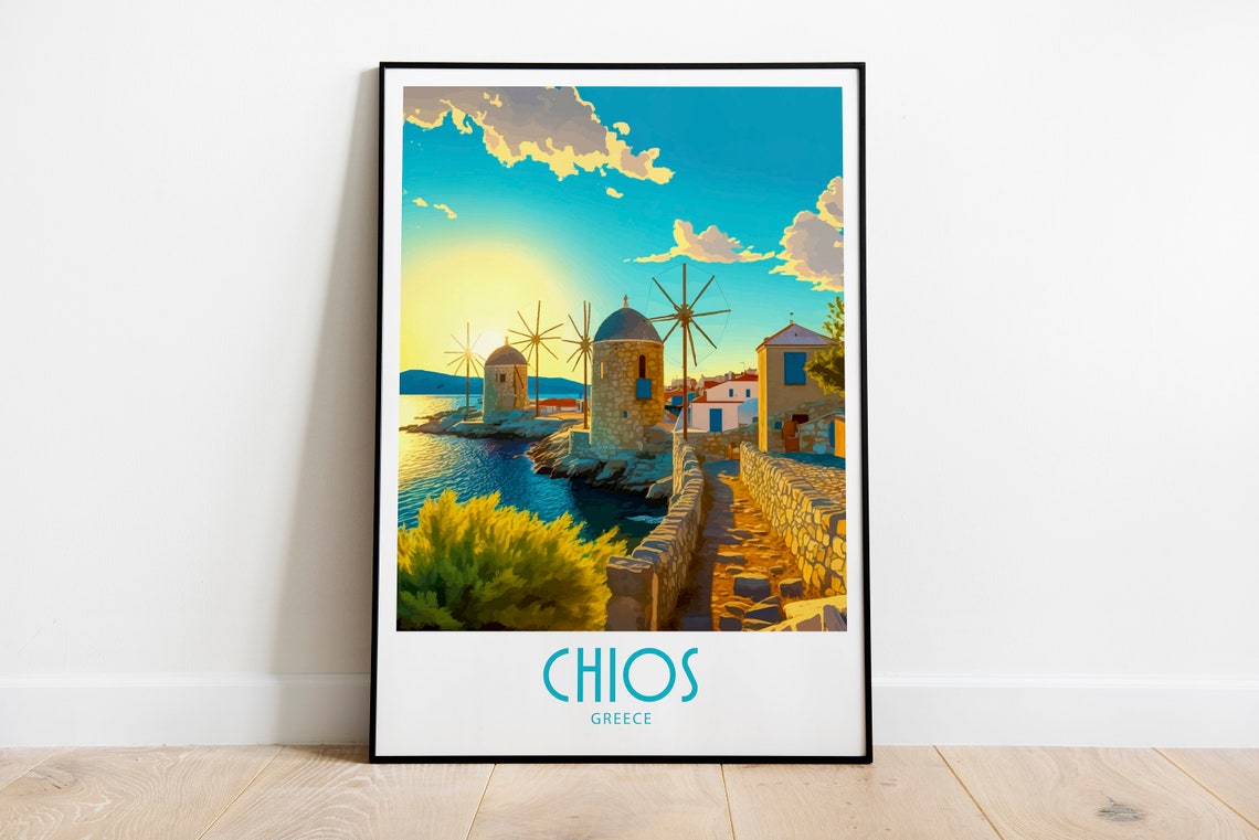 Chios Greece Stone Causeway Windmills Sunrise Vintage Travel Poster