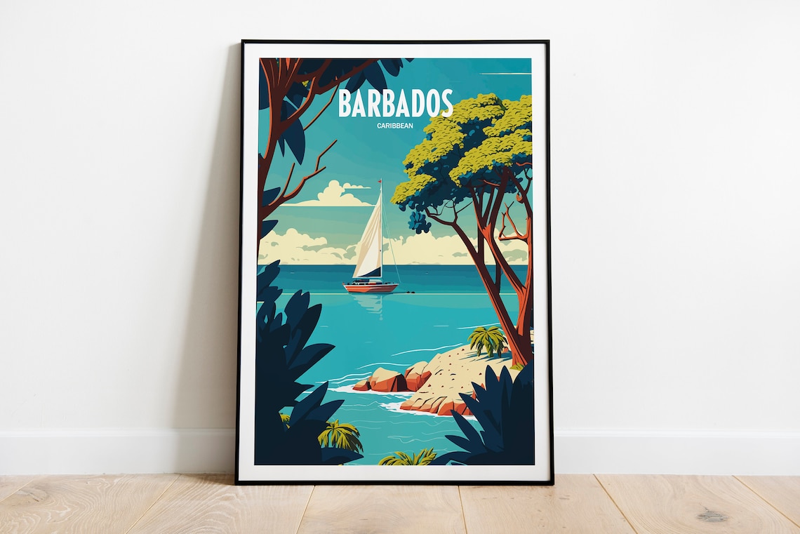 Barbados Caribbean Tropical Sailboat Cove Retro Travel Poster Decor