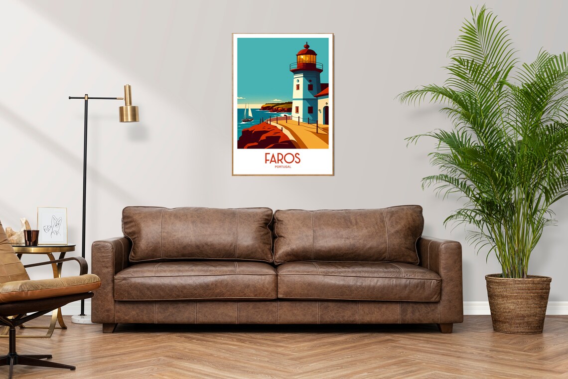 Faros Portugal Lighthouse Red Cliff Sailboat Vintage Travel Poster - Image 2