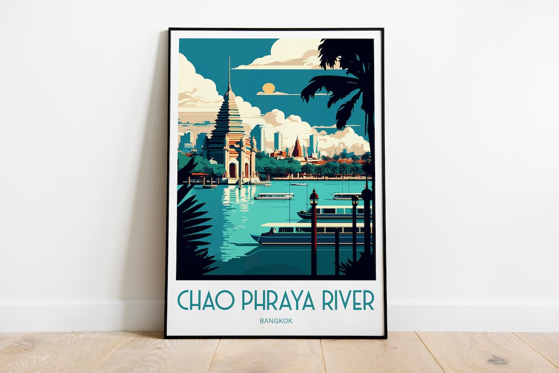 Chao Phraya River Bangkok Temple Boats Vintage Travel Poster Art