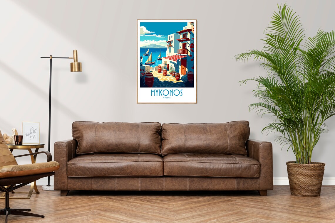 Vintage Mykonos Greece Travel Poster Whitewashed Street Sea Art - Image 3