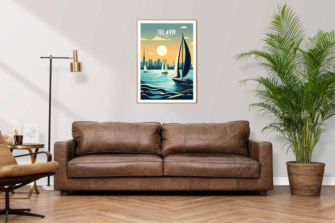 Tel Aviv Israel Sunset Sailboats Skyline Retro Travel Art Poster - Image 3