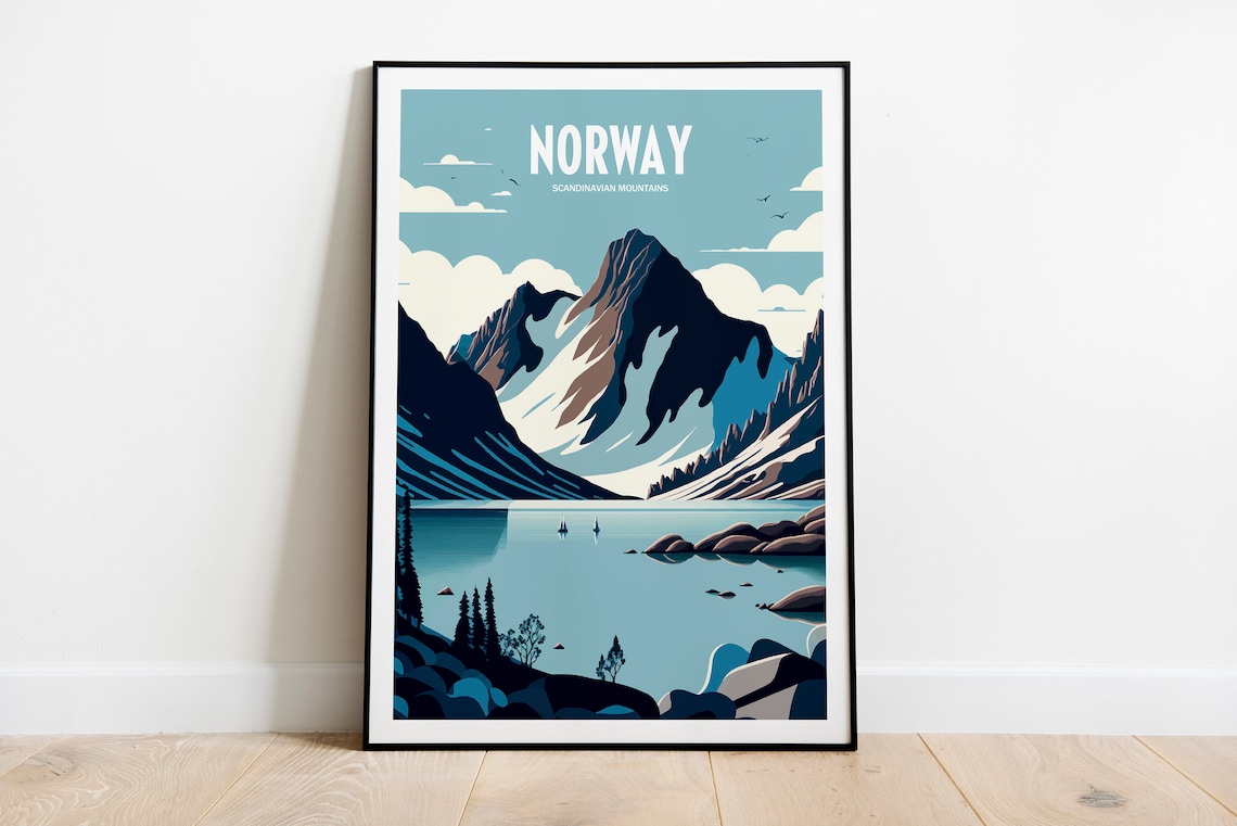 Norway Scandinavian Mountains Fjord Lake Vintage Travel Poster
