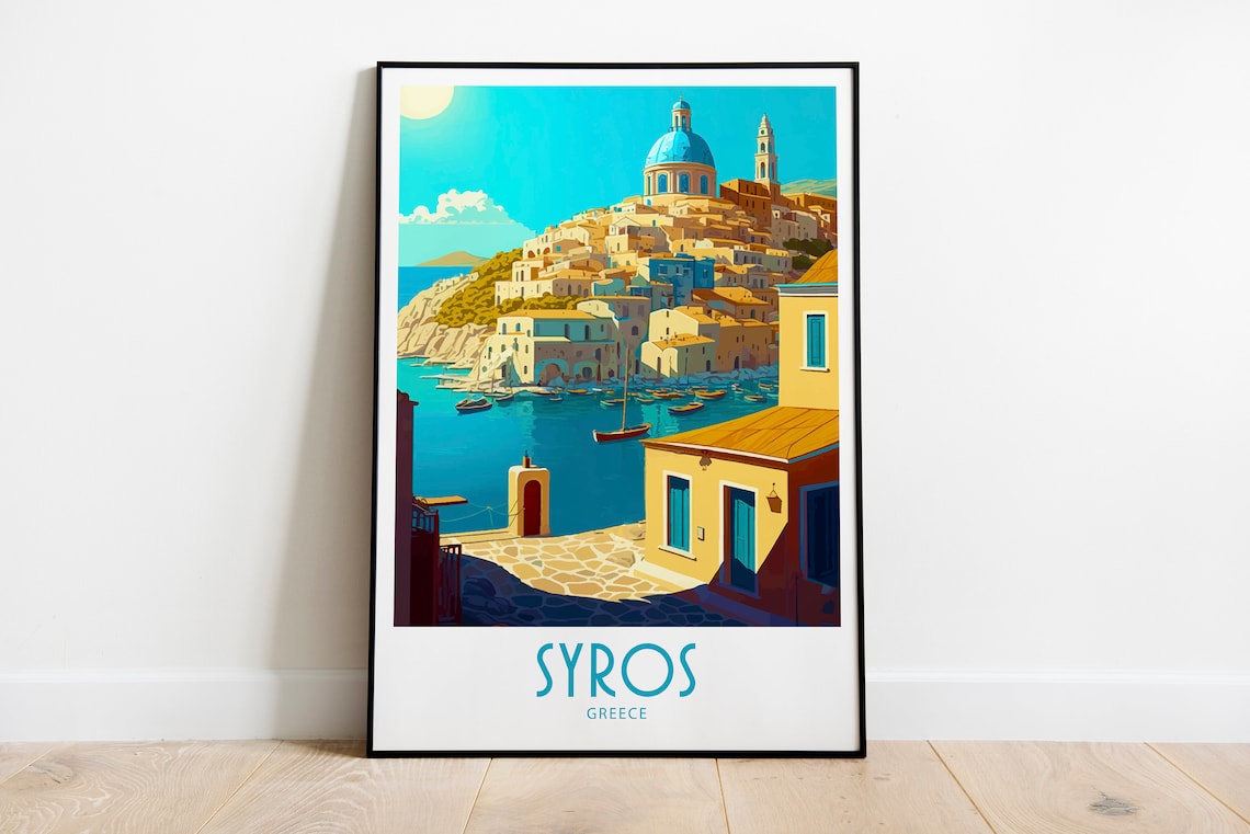 Syros Greece Island Harbor Hillside Town Vintage Travel Poster