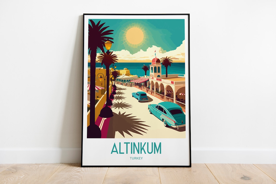 Altinkum Turkey Beach Resort Retro Cars Palm Vintage Travel Poster