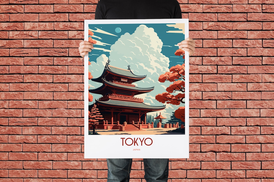 Tokyo Japan Red Pagoda Temple Autumn Maple Vintage Travel Poster - Image 2