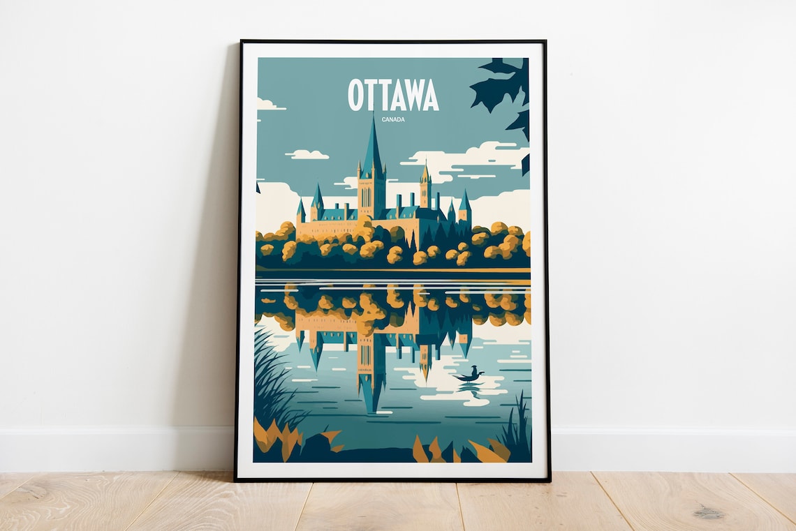 Ottawa Canada Parliament Spire Reflected River Vintage Travel Poster