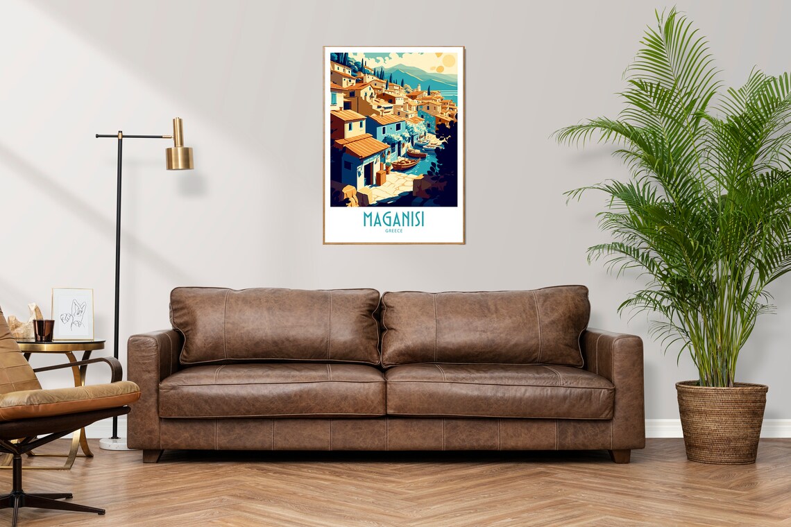 Vintage Maganisi Greece Travel Poster Harbor Village Hills Art - Image 3