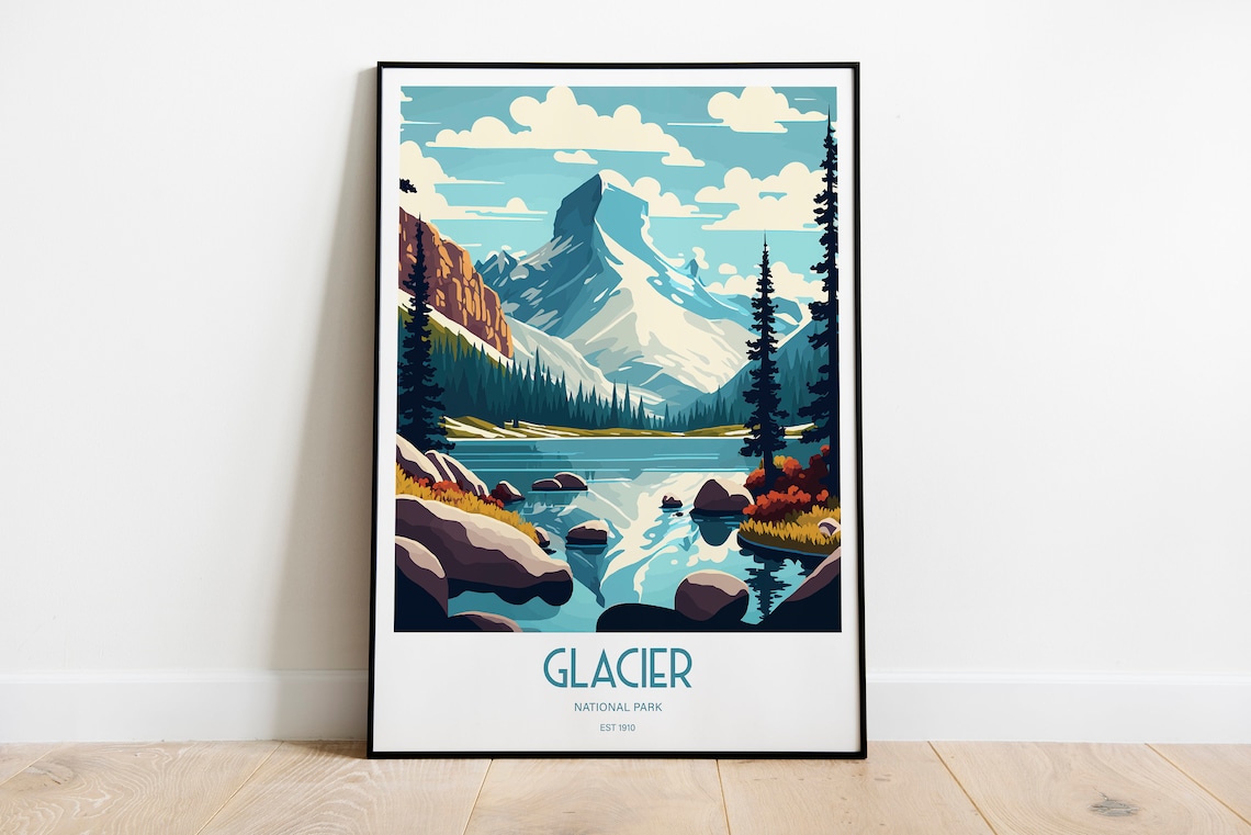 Glacier National Park Icy Summit Lake Stones Pines Travel Poster