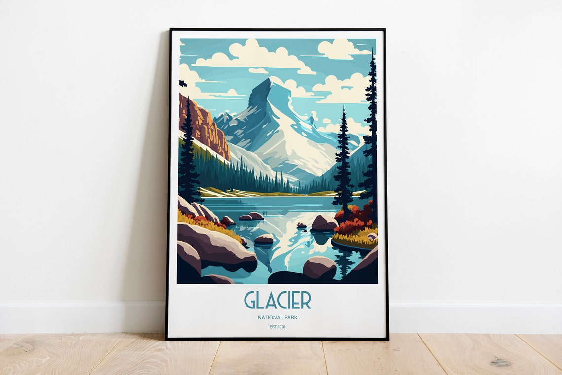 Glacier National Park Travel Print National Park Travel Art Glacier Travel Print Usa National Park Glacier Travel Poster