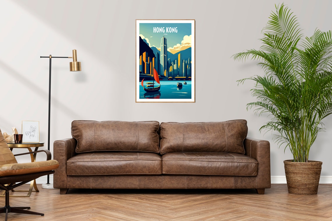 Hong Kong China Harbor Skyline Red Sail Junk Vintage Travel Poster - Image 2
