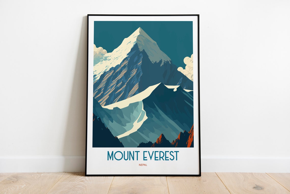 Snowcapped Mount Everest Nepal Vintage Travel Illustration Poster