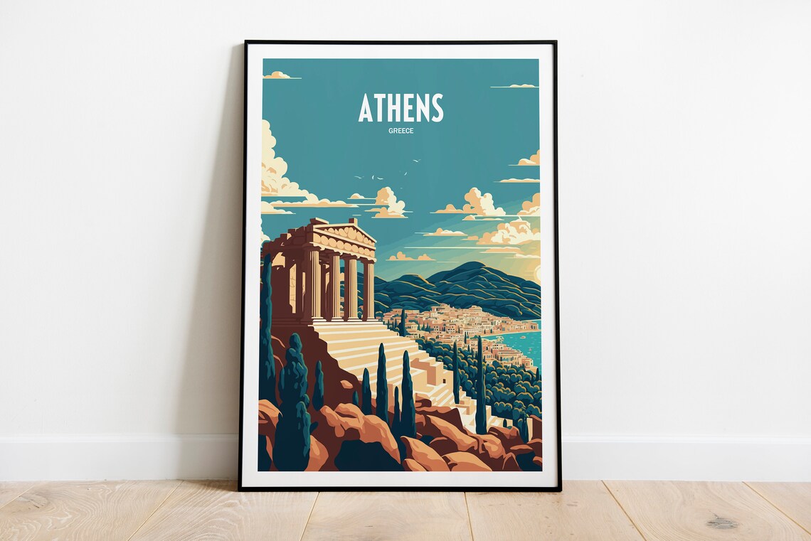 Athens Greece Retro Travel Poster, Acropolis