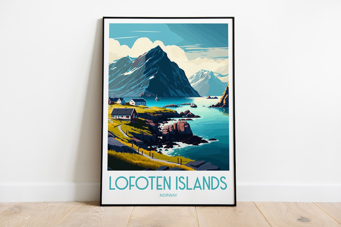 Lofoten Islands Norway Fishing Village Arctic Peaks Retro Poster