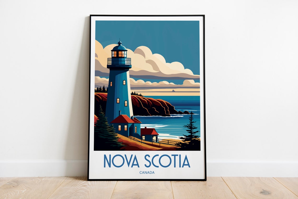 Nova Scotia Canada Blue Lighthouse Rocky Coast Travel Poster
