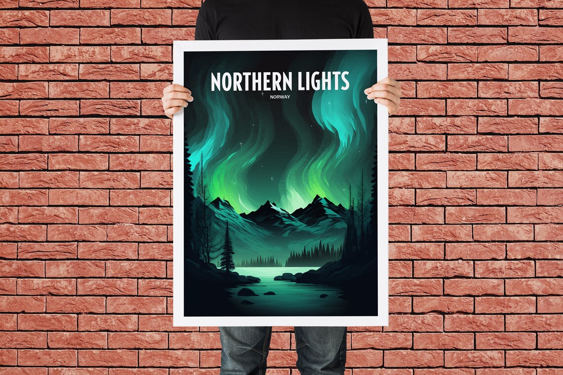 Northern Lights Norway Aurora Green Snowy Peaks Travel Poster - Image 4