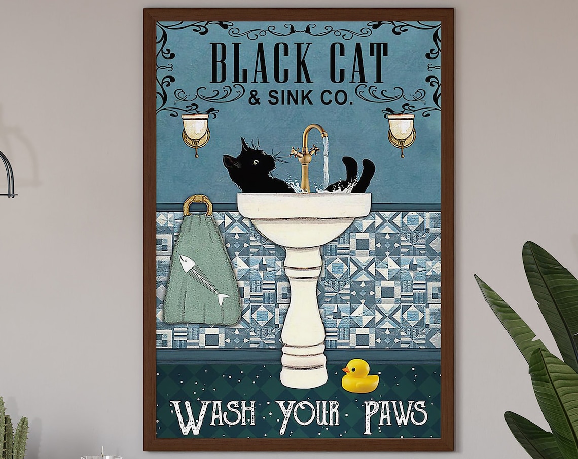 Black Cat Wash Your Paws Poster, Cat Lover Humor