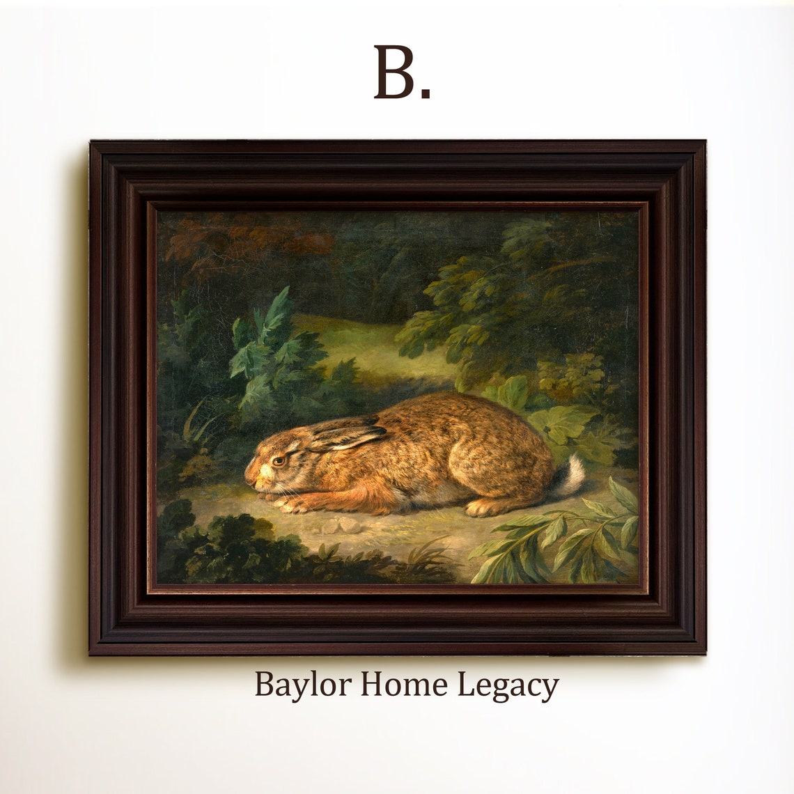 Brown Rabbit Crouching Woodland Edge Vintage Bunny Painting Art Print - Image 4