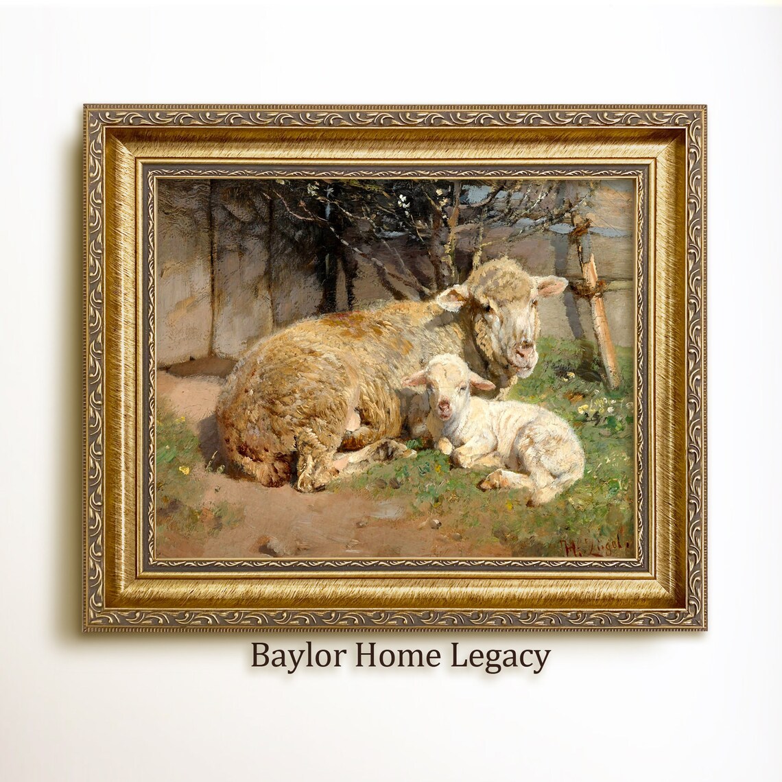 Sheep And Lamb Resting Farmyard Vintage Oil Painting Farm Animal Print