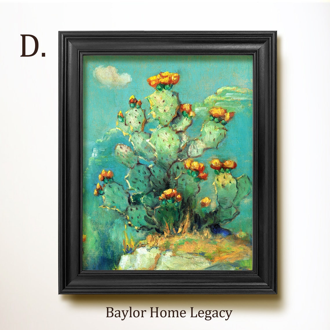 Prickly Pear Cactus with Orange Blooms Under Turquoise Sky Art Poster - Image 2