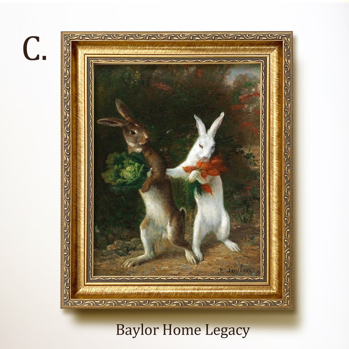 Walking Rabbits Antique Oil Painting Art Print - Image 3