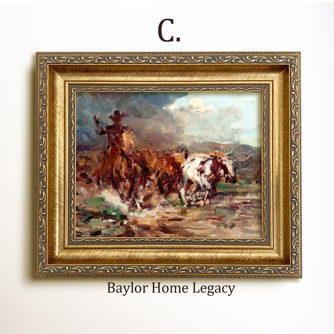 Cowboy On A Cattle Drive Vintage Oil Painting Art Print - Image 3