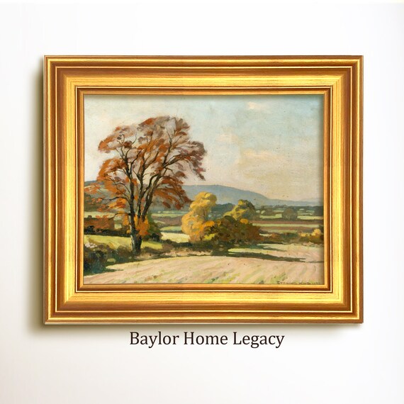 Framed Autumn Landscape Oil Painting Print Vintage Fall Landscape Art Moody Rustic Autumn Tree Countryside Field Scene