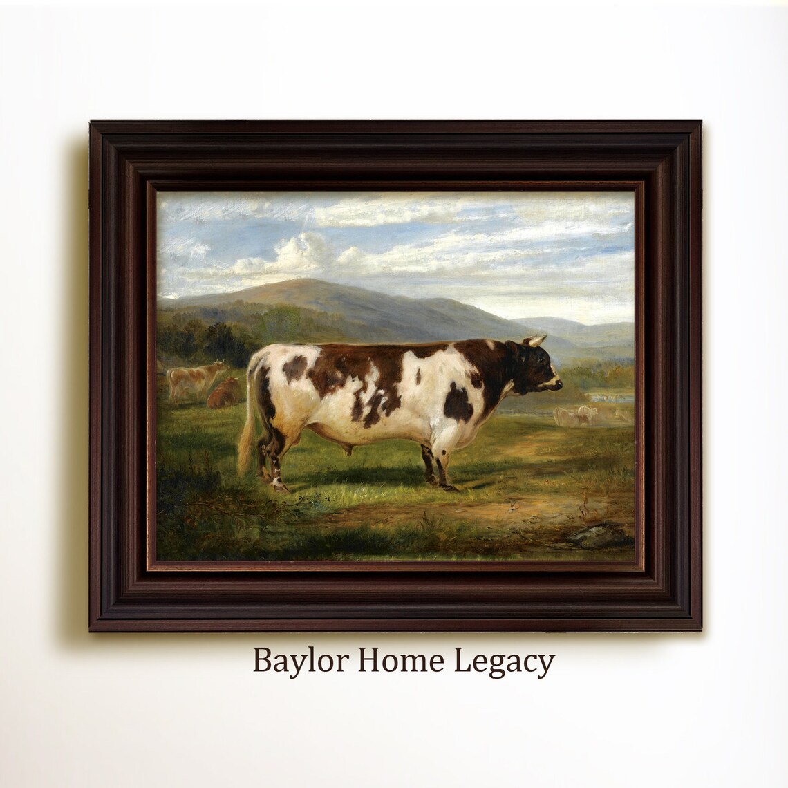 Bull in a Meadow, Antique Oil Painting Art Print