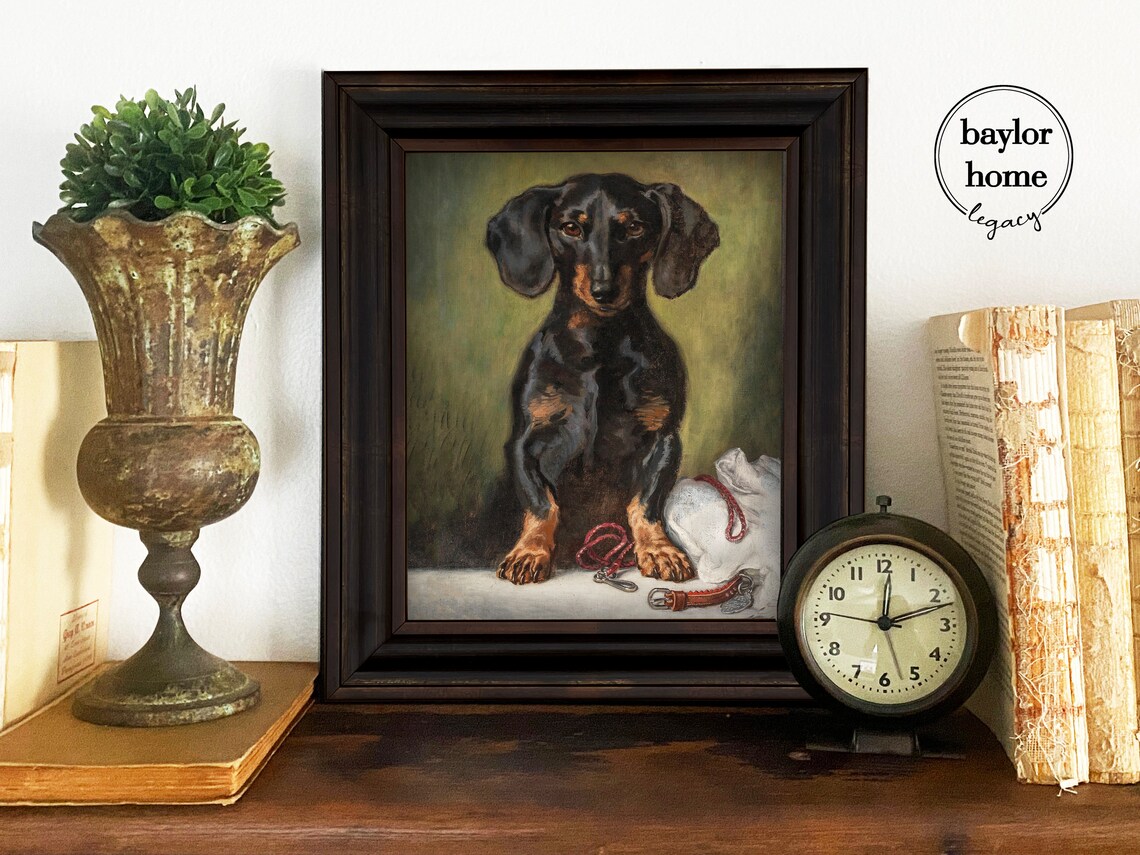 Black And Tan Dachshund Sitting With Leash Vintage Dog Portrait Poster - Image 4