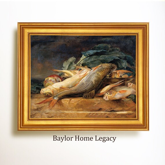 Framed Still Life Of Fish Oil Painting Print Vintage Rustic Fish Landscape Kitchen Art Old Fish Still Life Painting