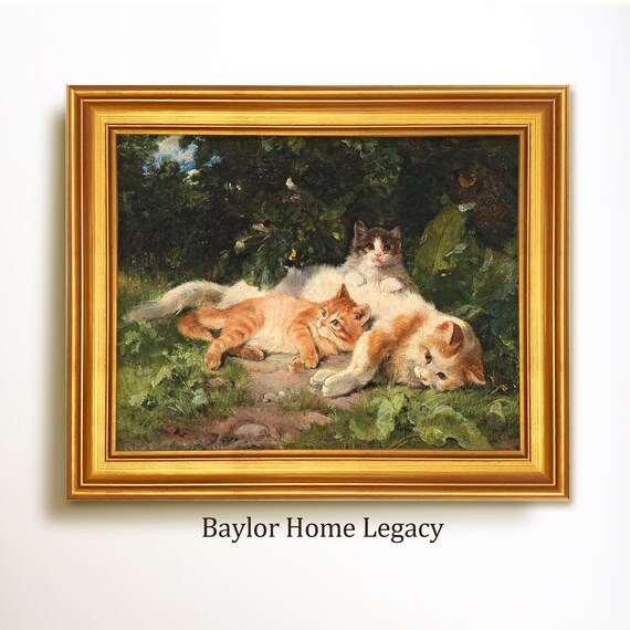 Cat With Kittens Lounging In The Garden Vintage Feline Family Art Poster