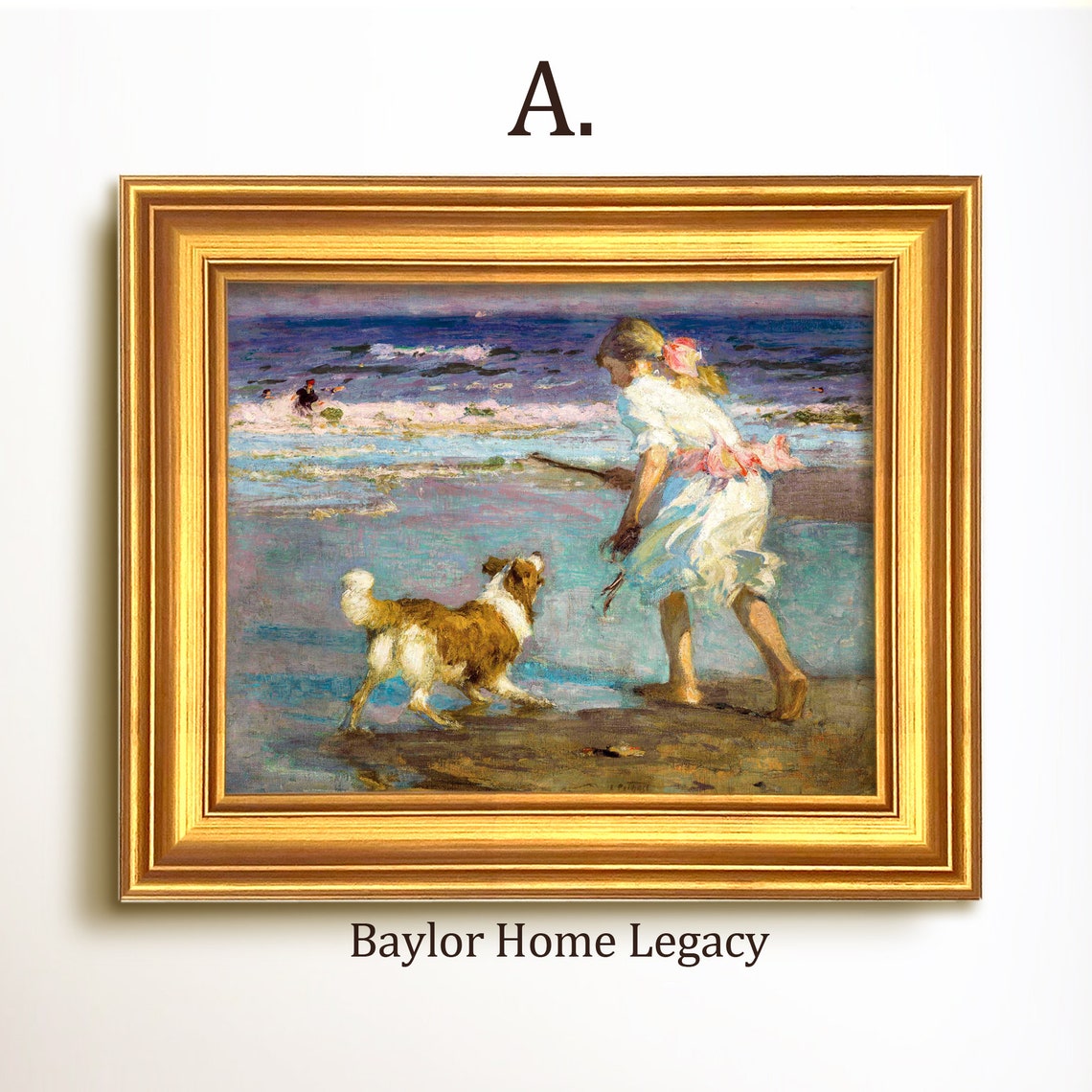 Framed Girl Playing Fetch With Her Dog On The Beach Nautical Print On Of An Antique Oil Painting Vintage Kid And Dog Artwork - Image 5