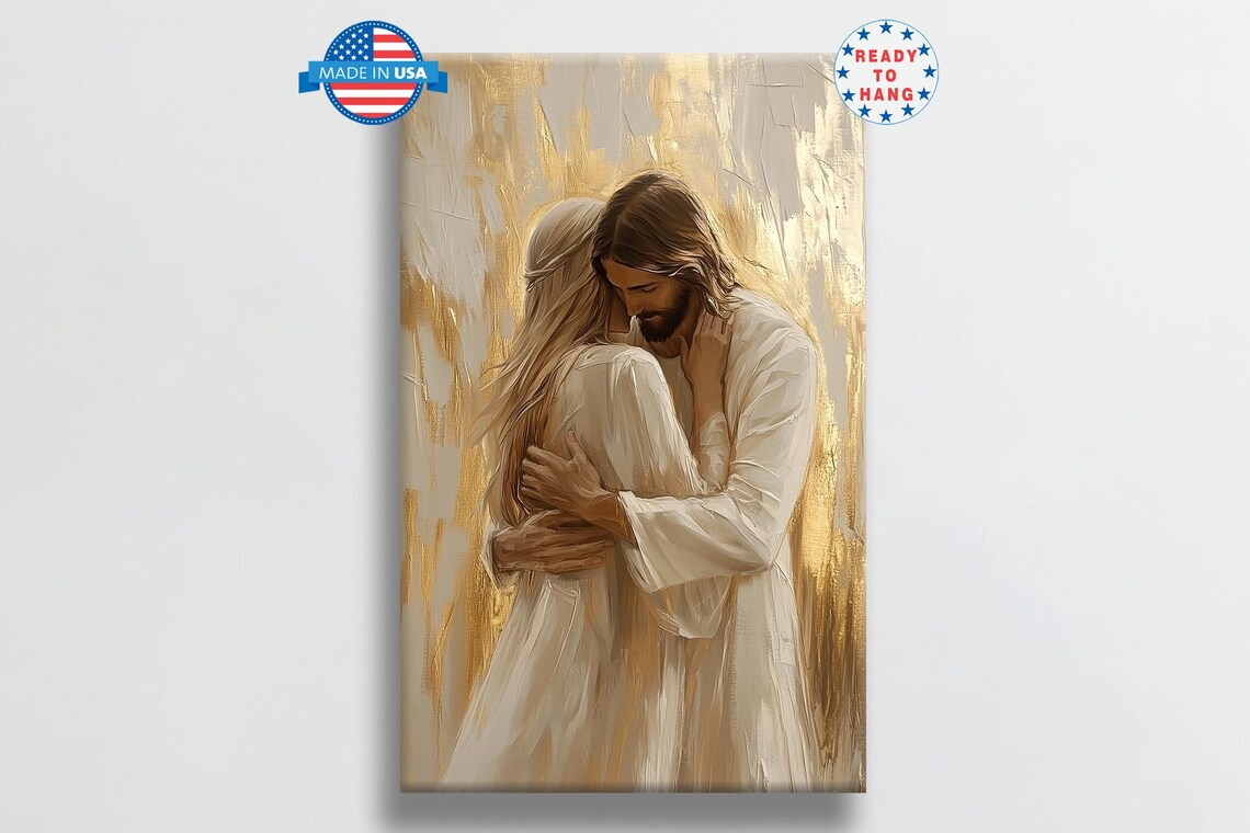 Jesus Embracing Blonde Woman Against Shimmering Gold Leaf Poster